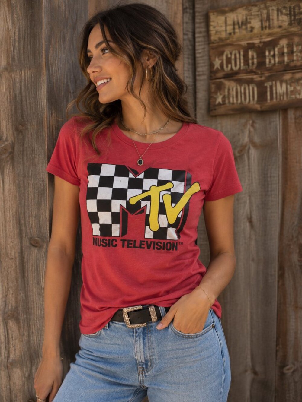 MTV Music Television Red Checkered Graphic T-Shirt Retro Style XS/S